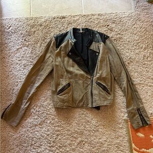 Womens Olive Green Moto Jacket with Black Trim